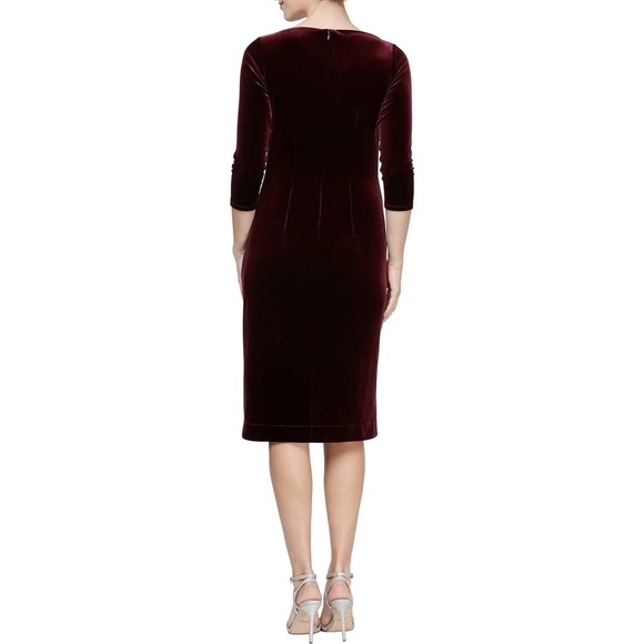 NWT Alex Evenings Embellished Waist 3/4 Sleeve Draped Velvet Midi Dress in Wine - Picture 3 of 4
